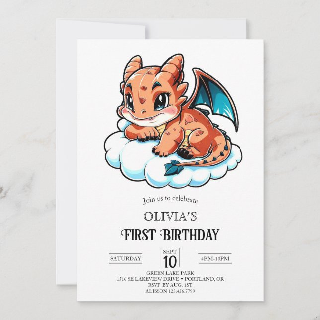 Cartoon Elegance Digital Dragon 1. Geburtstag Einladung (Vorderseite)