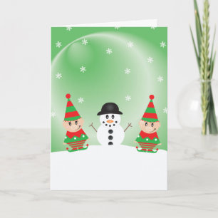 Cartoon Elf und Snowman Schneeflocken Weihnachten  Karte