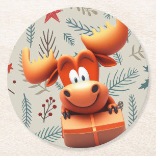Cartoon Elose mit Geschenk über Weihnachten Muster Runder Pappuntersetzer
