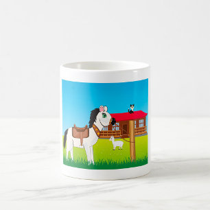 Cartoon Farm Szene mit Pferdekatze und Ziege Kaffeetasse