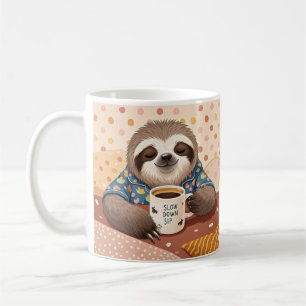 Cartoon-Faultier mit übertrieben schläfrigen Augen Kaffeetasse