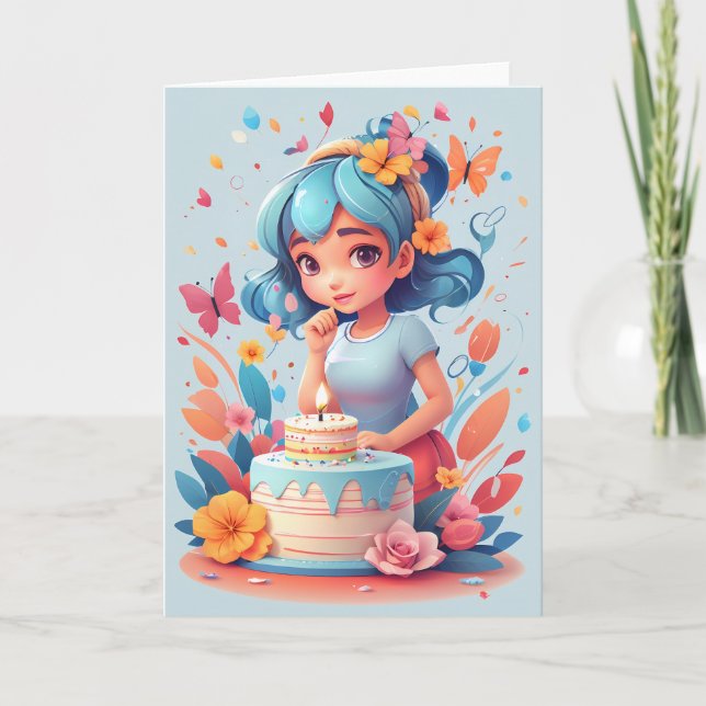 Cartoon fille avec gâteau d'anniversaire | Carte (Devant)