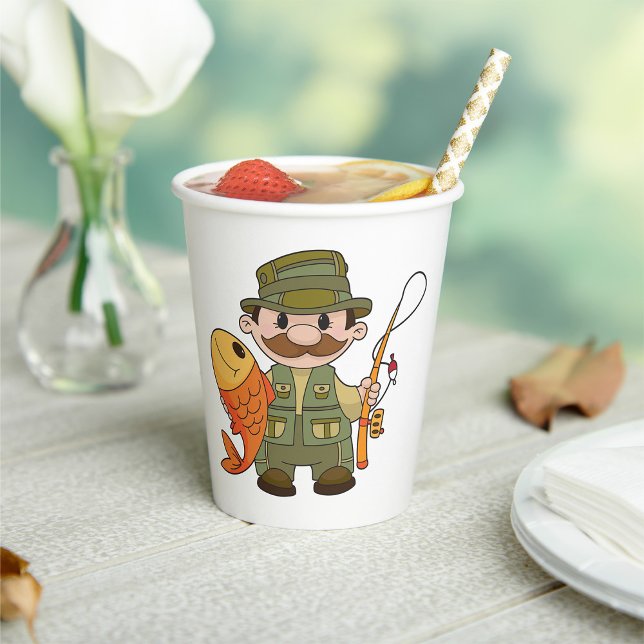 Cartoon Fischer mit großer Fangflotte Pappbecher (Von Creator hochgeladen)