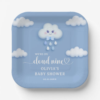 Cartoon Flauschig weiße Wolke 9 blaue Babydusche Pappteller