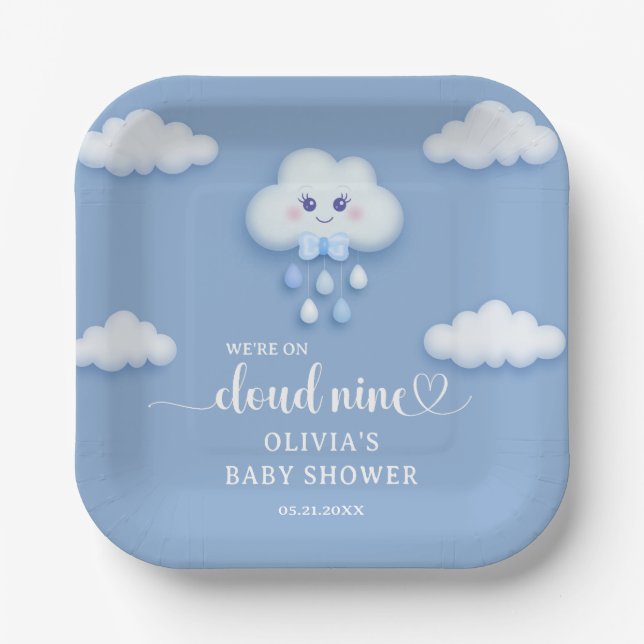 Cartoon Flauschig weiße Wolke 9 blaue Babydusche Pappteller (Vorderseite)