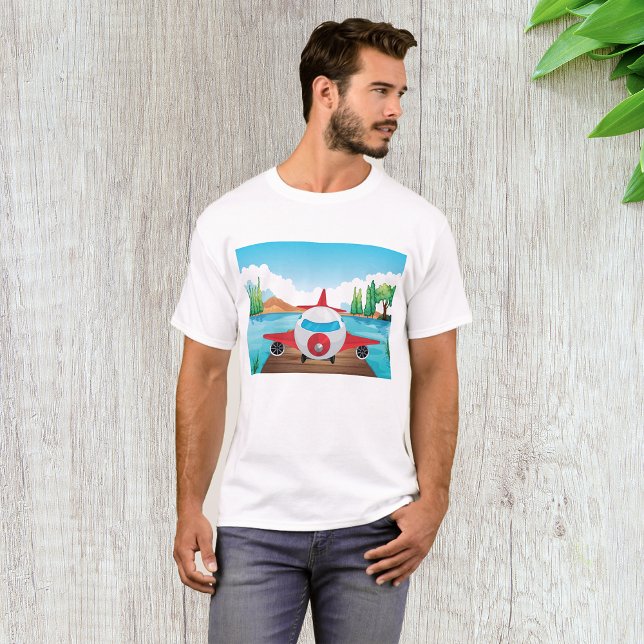 Cartoon Flugzeug auf See Dock Vergnügen Reiseabent T-Shirt (Von Creator hochgeladen)