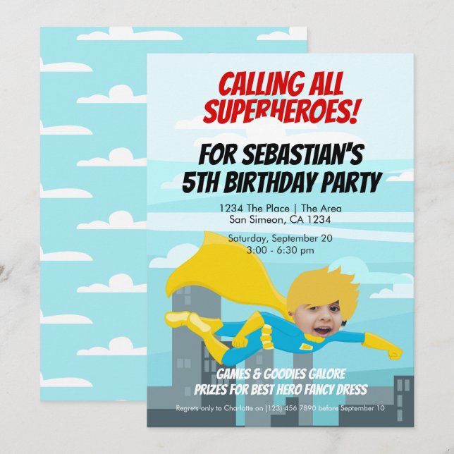 Cartoon Flying Superhero Comic Geburtstagsparty Einladung (Vorne/Hinten)