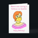 Cartoon Frauenfoto Maske Lipstick Geburtstag Karte<br><div class="desc">Der sonnige Cartoon einer Frau, die eine Gesichtsmaske trägt. Im Text heißt es: 'NAME rettete ein Vermögen auf Lippenstift' und 'Happy Birthday', und in der Karte steht 'Genieße deinen besonderen Tag'. Bearbeiten Sie einfach alle Textfelder, um diese Karte zu personalisieren, ändern Sie die Nachricht oder entfernen Sie Happy Birthday. Die...</div>