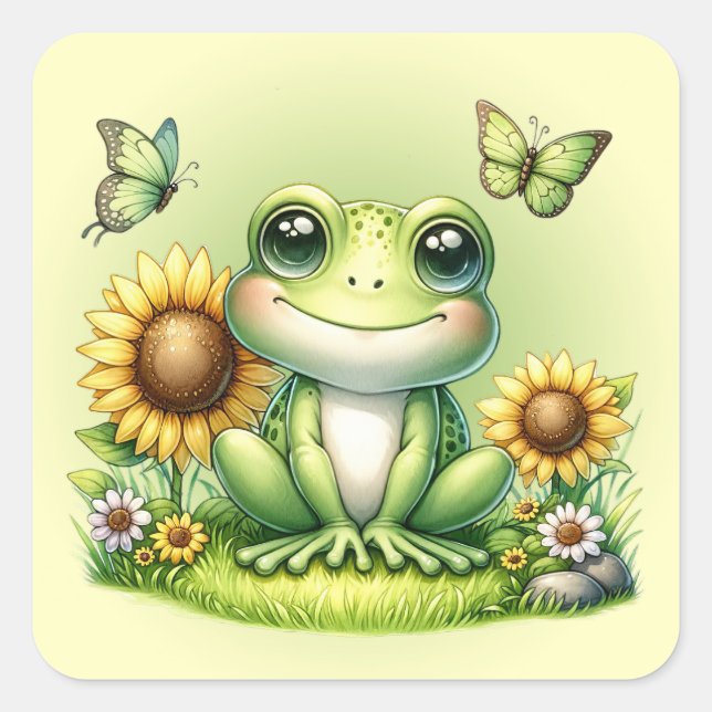 Cartoon Frog Schmetterlinge und Sonnenblumen Quadratischer Aufkleber (Vorderseite)
