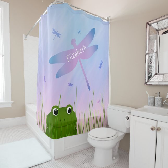 Cartoon Frosch pinkeln durch Grasdrachenfliegen Duschvorhang (Beispiel)