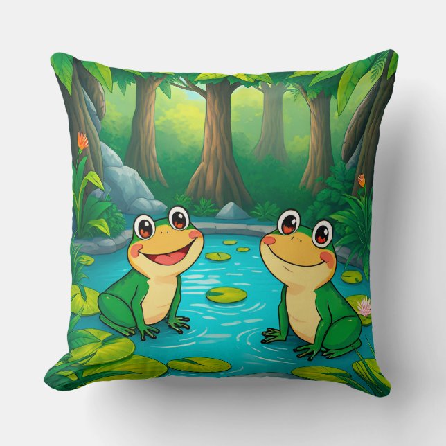 Cartoon Frösche am Teich im lebendigen Wald Kissen (Vorderseite)