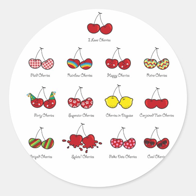 Cartoon Fun Comic Funny Cheeky Red Cherries Cherry Runder Aufkleber (Vorderseite)