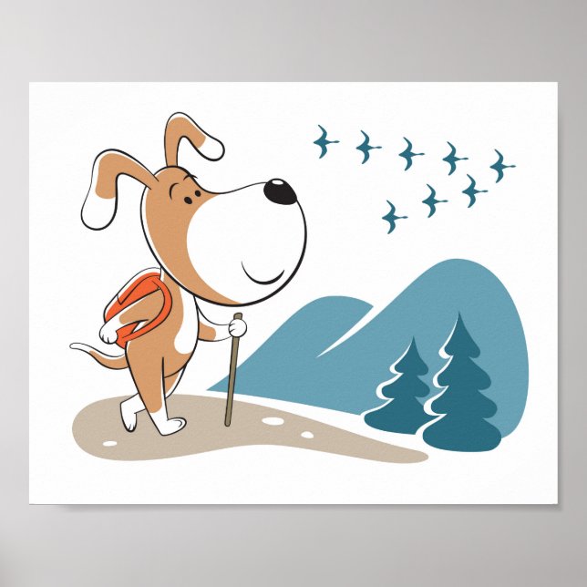 Cartoon Funny Dog Puppy Hiking Woodland Mountains Poster (Vorne)