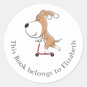 Cartoon Funny Dog Puppy Kick Scooter Buchzeichen Runder Aufkleber