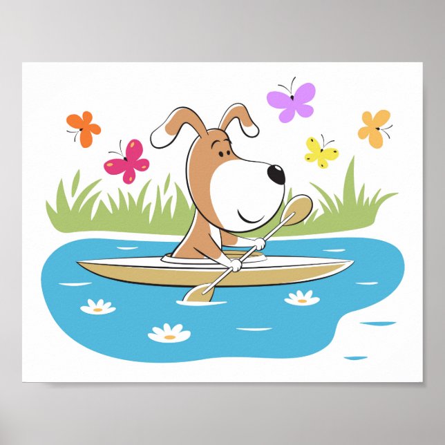 Cartoon Funny Dog Welpe Kayaking Kayak Wassersport Poster (Vorne)