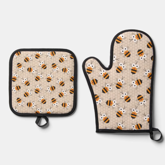 Cartoon Funny Honey Bee Honeycomb Muster Ofenhandschuh & Topflappen-Set (Vorderseite)