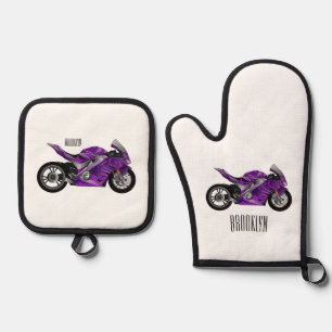 Cartoon für lila Motorräder Ofenhandschuh & Topflappen-Set