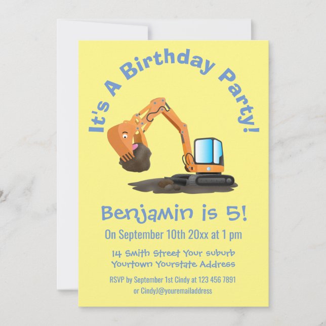 Cartoon für niedlich-orange-Bagger Einladung (Vorderseite)