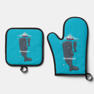 Cartoon für niedliche Wale und Segelboote Ofenhandschuh & Topflappen-Set