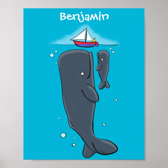 Cartoon für niedliche Wale und Segelboote Poster (Vorne)