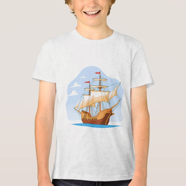Cartoon Galleon Sailing on Blue Water Tri-Blend Shirt (Vorderseite)