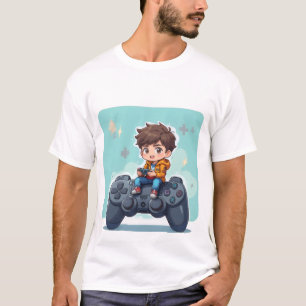 Cartoon Gamer Kid Sitting on PlayStation Control T-Shirt
