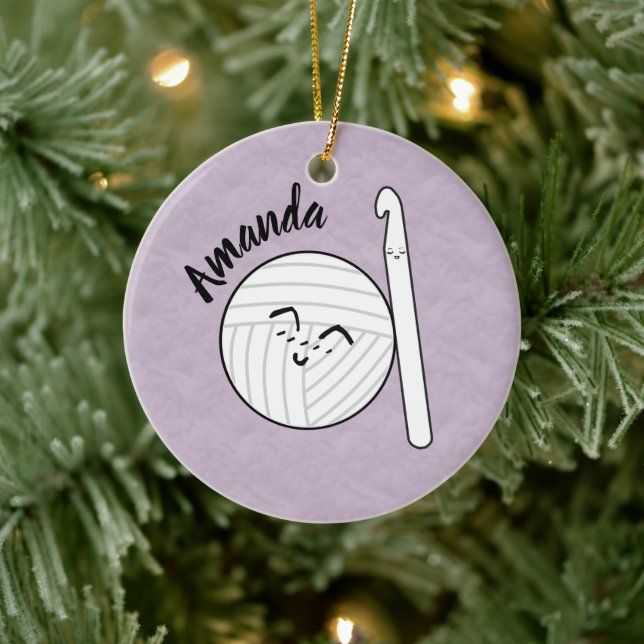 Cartoon Garnball & Crochet Hook + Name Keramik Ornament (Baum)