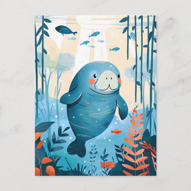 Cartoon Gentle Manatee im Ozean Postkarte (Vorderseite)