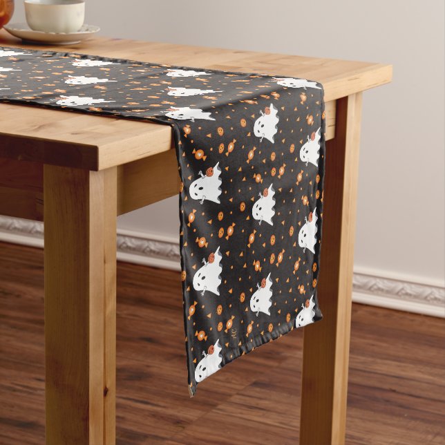Cartoon Ghost Pattern Halloween Schwarzer Tischläu Mittelgroßer Tischläufer (Beispiel)