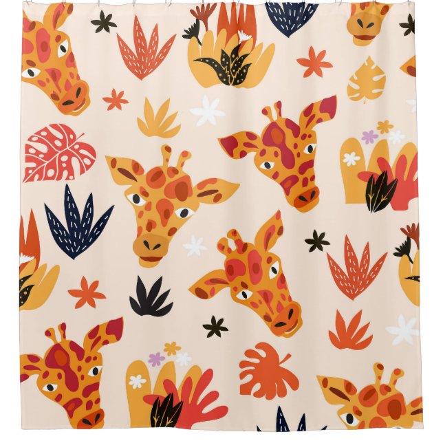 Cartoon Giraffe: BlumenSavanna Muster Duschvorhang (Vorderseite)