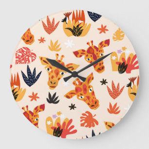 Cartoon Giraffe: BlumenSavanna Muster Große Wanduhr
