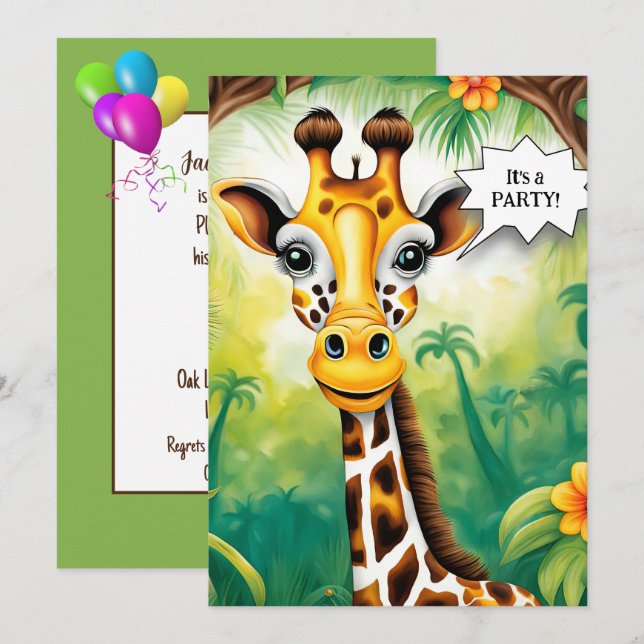Cartoon Giraffe Geburtstagsparty Einladung (Vorne/Hinten)