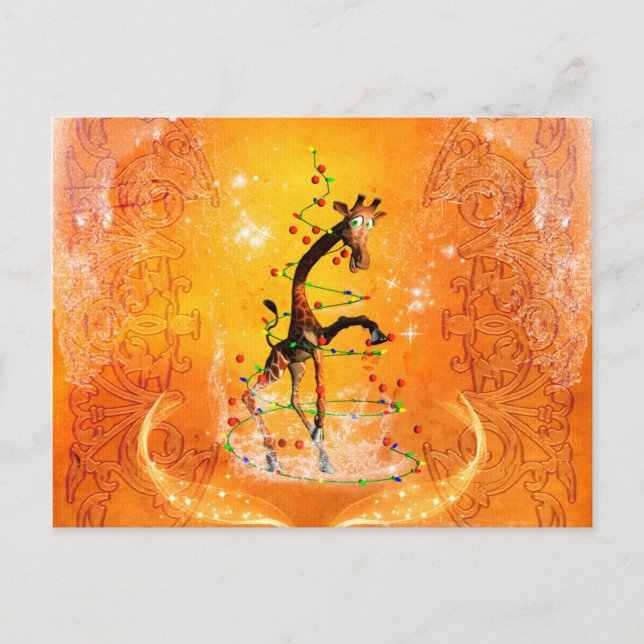 Cartoon-Giraffe mit Weihnachtsbaum Feiertagspostkarte (Vorderseite)