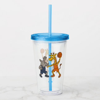 Cartoon giraffe & rhino playing basketball acryltrinkbecher