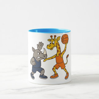 Cartoon giraffe & rhino playing basketball tasse