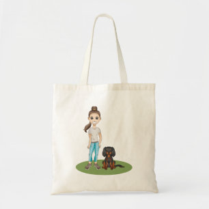 Cartoon Girl & Black und Tan Cavalier Spaniel Hund Tragetasche