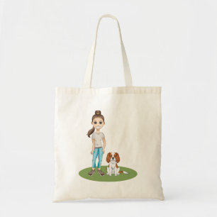 Cartoon Girl & Blenheim Cavalier Dog Illustration Tragetasche