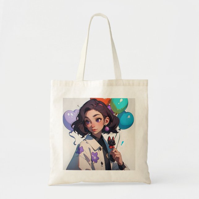 Cartoon Girl Holding Haustiere und Ballons Tragetasche (Vorne)