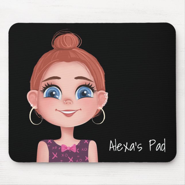 Cartoon Girl mit Big Eyes auf Black Mousepad (Vorne)
