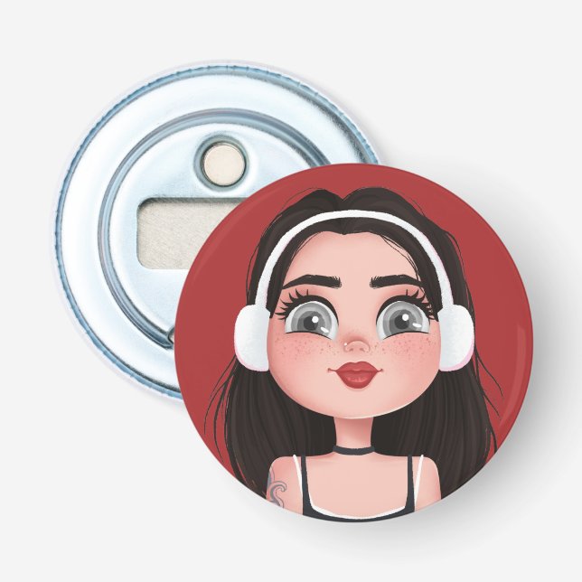 Cartoon Girl mit Kopfhörern auf Rot Flaschenöffner (Vorderseite)