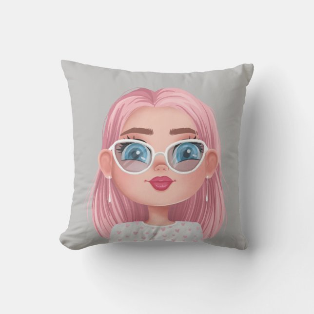 Cartoon Girl mit rosa Haar Kissen (Vorderseite)