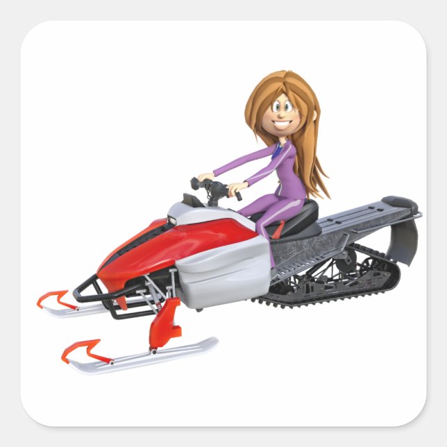 Cartoon Girl on Snowmobile Quadratischer Aufkleber (Vorderseite)