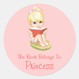 Cartoon Girl Reading Book Label Runder Aufkleber