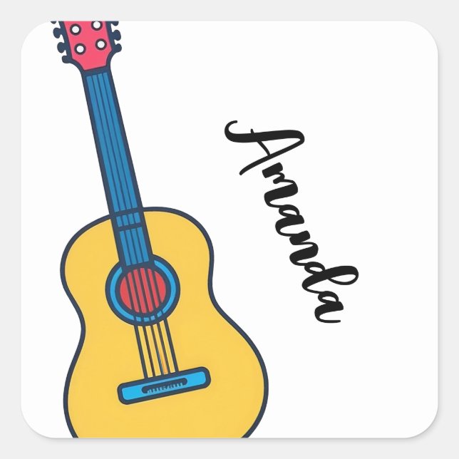 Cartoon Gitarre mit Bold Neck Markierungen Name Quadratischer Aufkleber (Vorderseite)