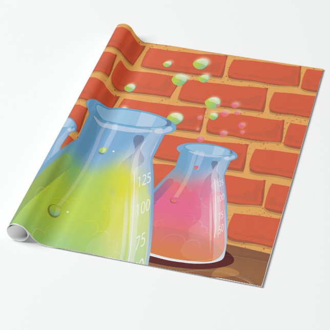 Cartoon Glass Science Ausrüstung auf einer Bank Geschenkpapier (Ungerollt)