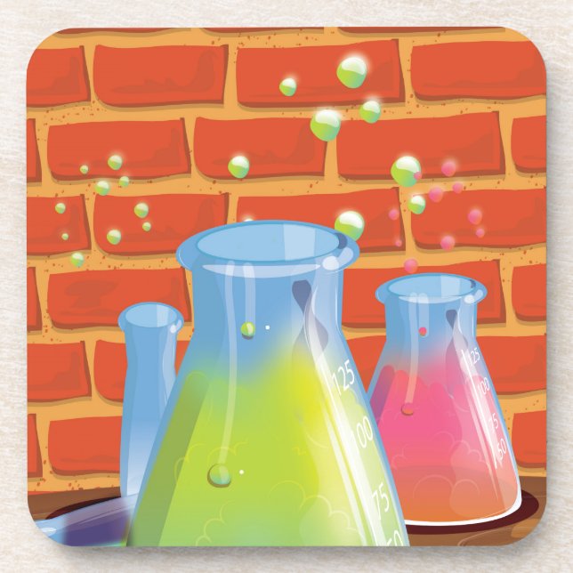 Cartoon Glass Science Ausrüstung auf einer Bank Getränkeuntersetzer (Vorderseite)