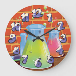 Cartoon Glass Science Ausrüstung auf einer Bank Große Wanduhr