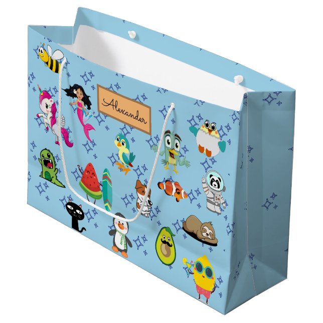 Cartoon Glitzern niedliche blaue Kinder Cartoon Große Geschenktüte (Vorderseite Schrägansicht)