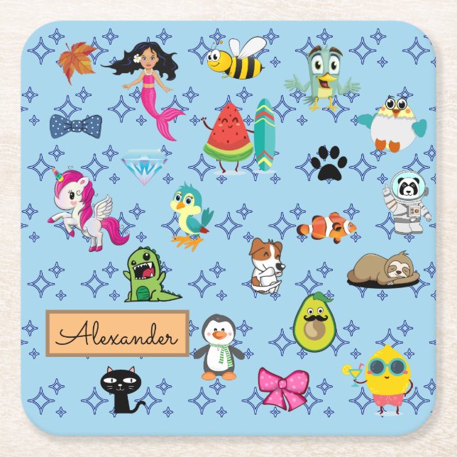 Cartoon Glitzern niedliche blaue Kinder Cartoon Na Rechteckiger Pappuntersetzer (Vorderseite)