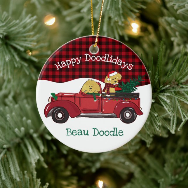Cartoon Goldendoodles Roter Weihnachtsmann Keramik Ornament (Baum)